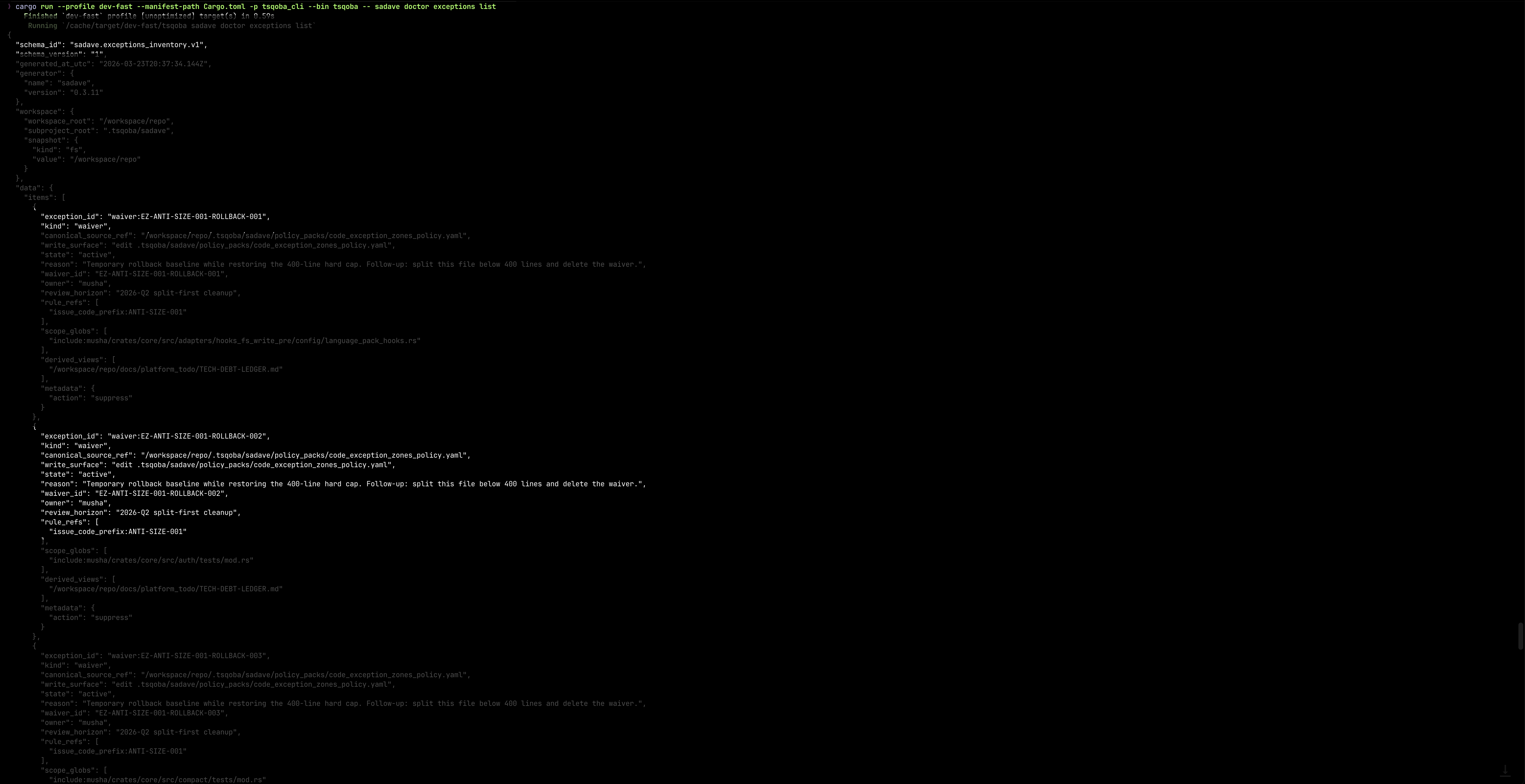 Machine-readable exceptions inventory